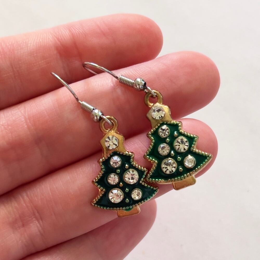Green Mini Christmas Tree Earrings Silver Jewels Festive Holiday Jewelry